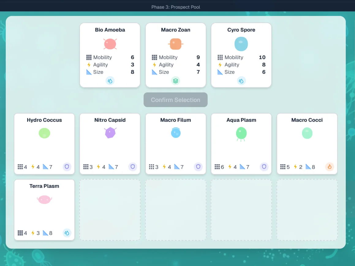 Phase 3 round showing three candidate microbes with their attribute values and traits